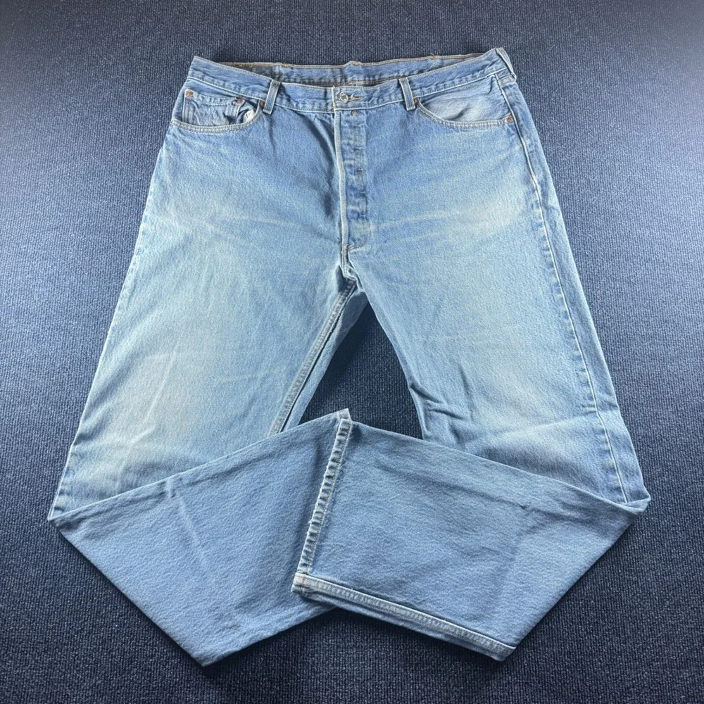 Vintage Levis 501 Mens Jeans 42x38 Light Wash Straight Leg Button Fly Denim Blue